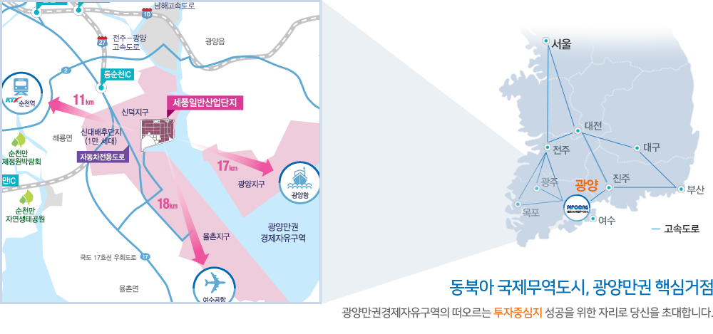 동북아 국제무역도시, 광양만권 핵심거점. 광양만권경제자유구역의 떠오르는 투자중심지 성공을 위한 자리로 당신을 초대합니다.